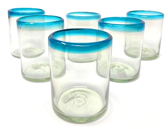 HAND BLOWN MEXICAN DRINKING GLASSES SET OF 6 TUMBLER GLASSES WITH AQUA BLUE RIMS 10 OZ EACH