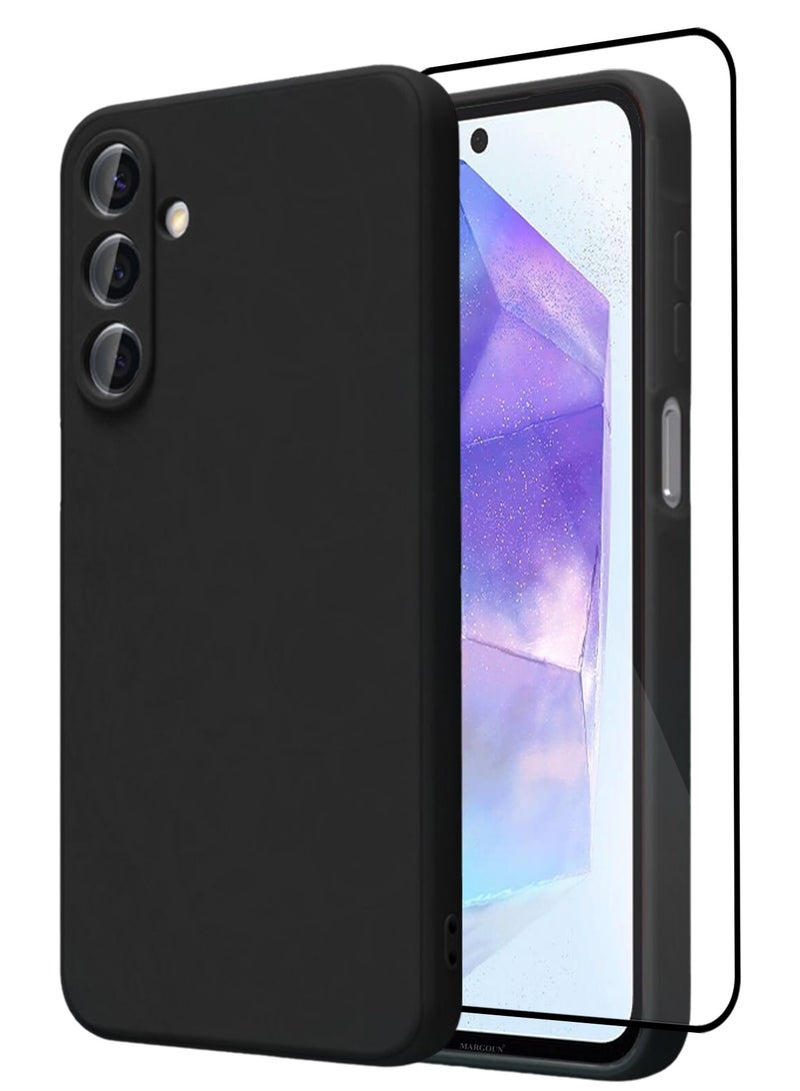 2Packs Liquid Silicone Case for Samsung Galaxy A55 Protective Phone Case with Soft Anti-Scratch Microfiber Lining Utra Slim Drop Protection Phone Cover with 3D Screen Protector - Black - Image 1