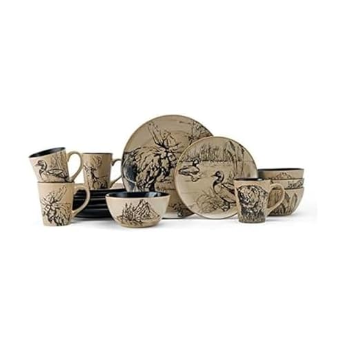 Mossy Oak Animal Print 16 Piece Dinnerware Set, Service for 4, Black and Beige - Image 1