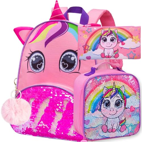 KLFVB 3PCS Toddler Backpack for Girls, 12” Unicorn Bookbag and Lunch Box - Image 1