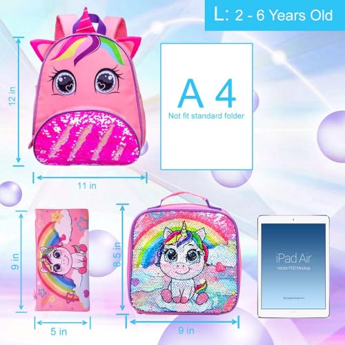 KLFVB 3PCS Toddler Backpack for Girls, 12” Unicorn Bookbag and Lunch Box - Image 4