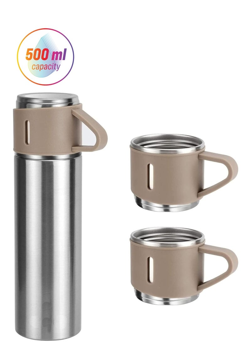 JAJEEK 500ml Stainless Steel Vacuum Thermos Flask with Silicone Handle – Insulated Water Bottle with 2 Stainless Steel Cups Set for Hot & Cold Outdoor Travel | Gift Box (2 PACK, SILVER BEIGE) – Perfect for Hiking, Camping, Travel, and Outdoor Adventures  - Image 1