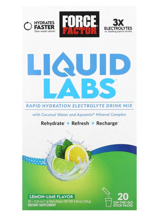 Force Factor Liquid Labs™ Rapid Hydration Electrolyte Drink Mix LemonLime 20 Stick Packs 0.25 oz (7 g) Each