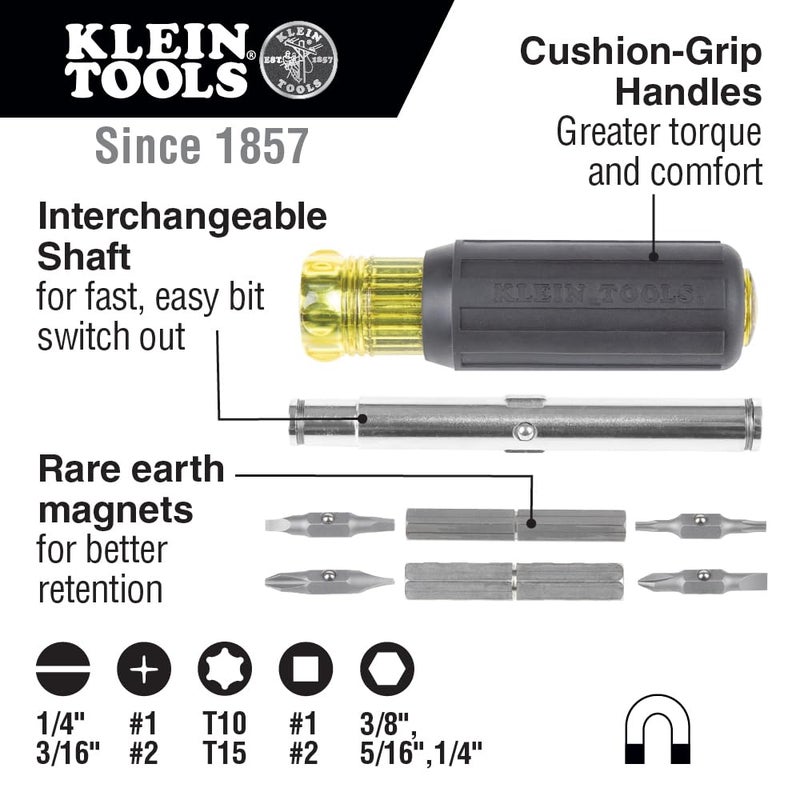 Klein Tools Klein Tools 32500MAG Magnetic Multi-Bit Screwdriver / Nut Driver, 11-in-1 Multi Tool with 8 Bits, 3 Nut Driver Sizes, Cushion Grip Handle  - Image 2