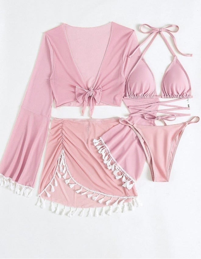 4-Piece Women's Bikini Swimsuit Chiffon Tassel Sun Protection Shirt Split Short Skirt Fine Strap Buckle Design Bra Bikini - Image 2