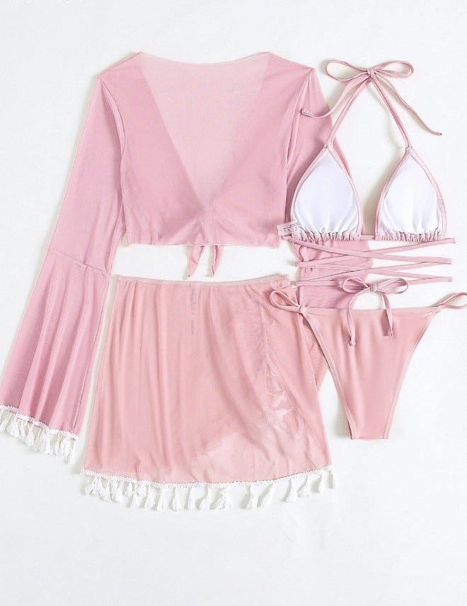4-Piece Women's Bikini Swimsuit Chiffon Tassel Sun Protection Shirt Split Short Skirt Fine Strap Buckle Design Bra Bikini - Image 3