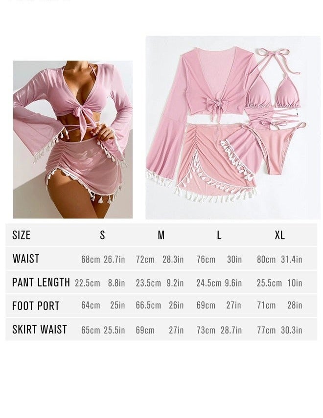 4-Piece Women's Bikini Swimsuit Chiffon Tassel Sun Protection Shirt Split Short Skirt Fine Strap Buckle Design Bra Bikini - Image 4