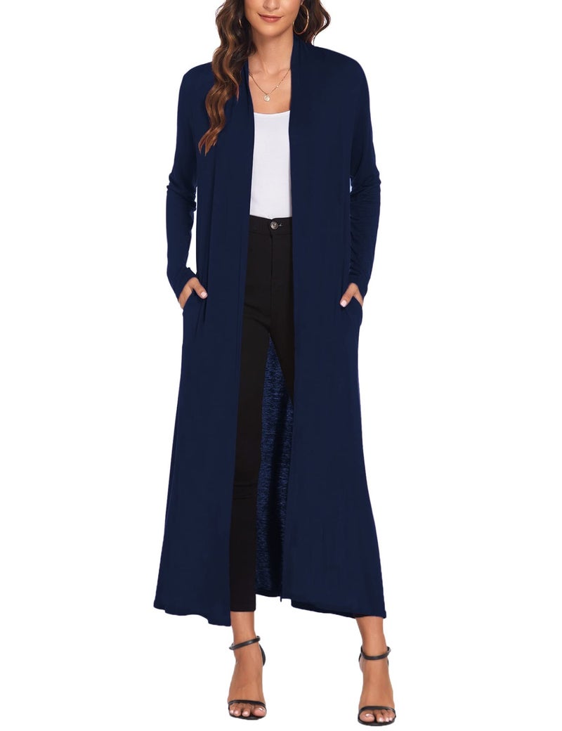 Bluetime Women Floor Length Open Front Cardigan Lightweight Long Sleeve Maxi Duster with Pockets (XXL, Navy Blue) - Image 1
