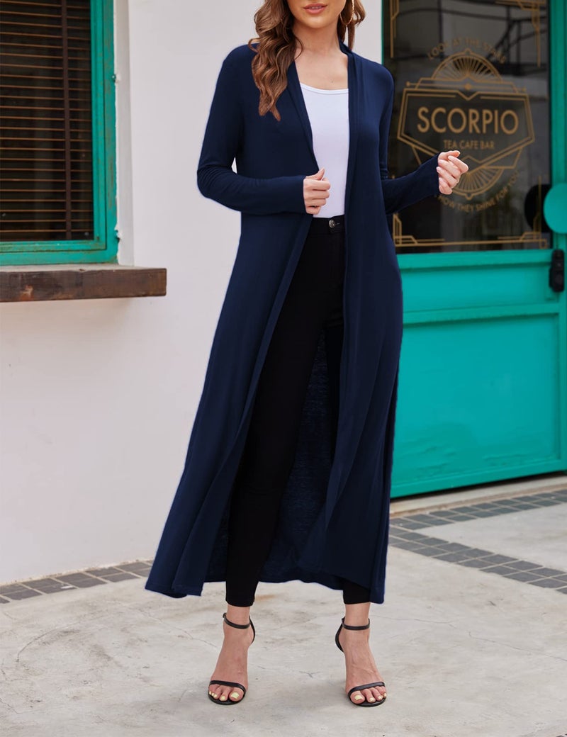 Bluetime Women Floor Length Open Front Cardigan Lightweight Long Sleeve Maxi Duster with Pockets (XXL, Navy Blue) - Image 4