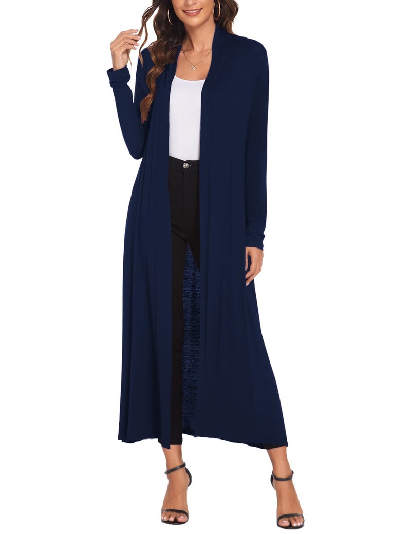 Bluetime Women Floor Length Open Front Cardigan Lightweight Long Sleeve Maxi Duster with Pockets (XXL, Navy Blue) - Image 2