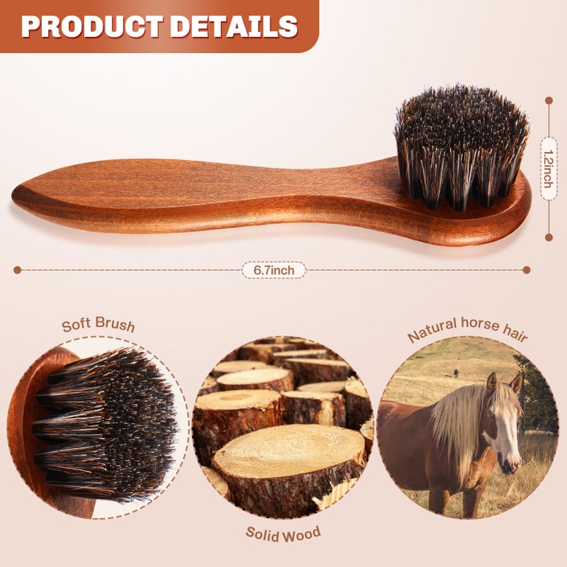 ZJoey 4 Pcs Horsehair Shine Shoes Brush Kit Polish Dauber Applicators Cleaning Leather Shoes Boots Care Brushes Suede Cleaner Brush with Microfiber Shoe Cloth(Brown Handle B) - Image 2