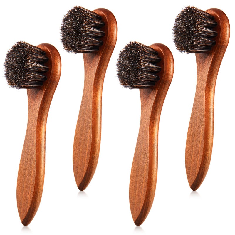ZJoey 4 Pcs Horsehair Shine Shoes Brush Kit Polish Dauber Applicators Cleaning Leather Shoes Boots Care Brushes Suede Cleaner Brush with Microfiber Shoe Cloth(Brown Handle B) - Image 1