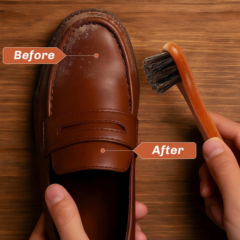 ZJoey 4 Pcs Horsehair Shine Shoes Brush Kit Polish Dauber Applicators Cleaning Leather Shoes Boots Care Brushes Suede Cleaner Brush with Microfiber Shoe Cloth(Brown Handle B) - Image 4