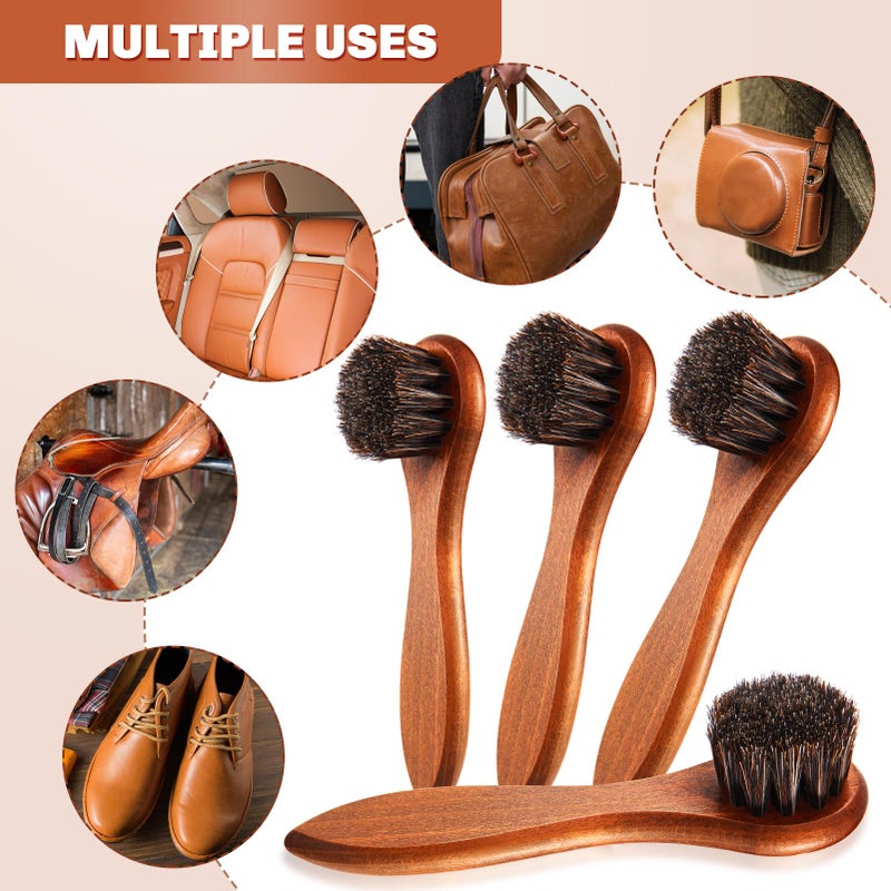 ZJoey 4 Pcs Horsehair Shine Shoes Brush Kit Polish Dauber Applicators Cleaning Leather Shoes Boots Care Brushes Suede Cleaner Brush with Microfiber Shoe Cloth(Brown Handle B) - Image 5