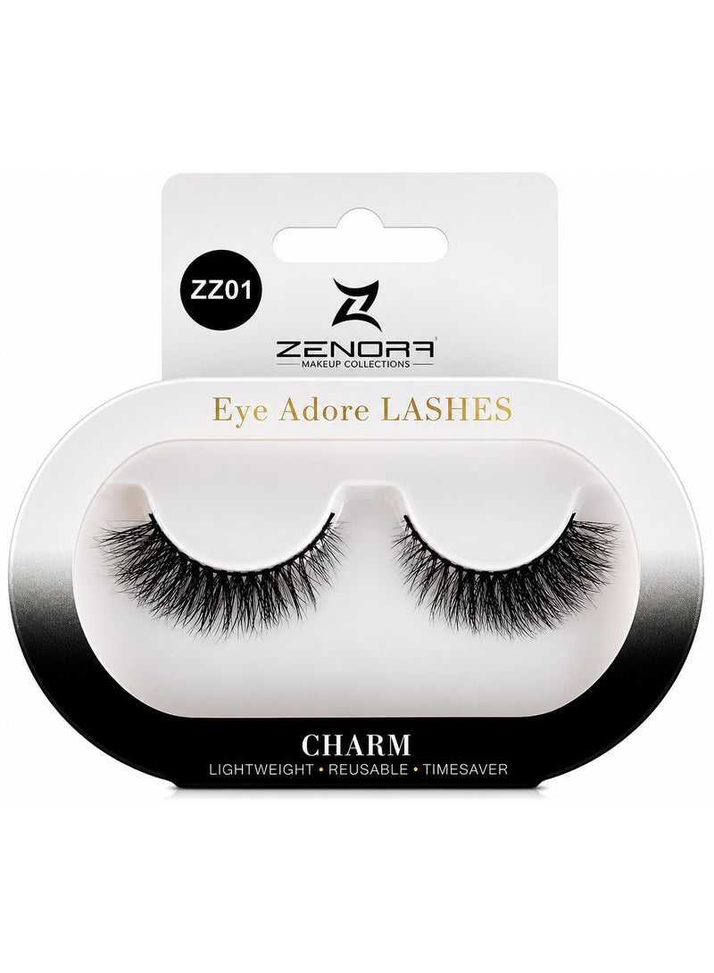 ZENORA Eye Adore Lashes ZZ01 Charm – Premium Reusable False Eyelashes, Natural Volume Lightweight Strip Lashes with Flexible Band, Easy Apply Salon Look for Women (Black) - Image 1