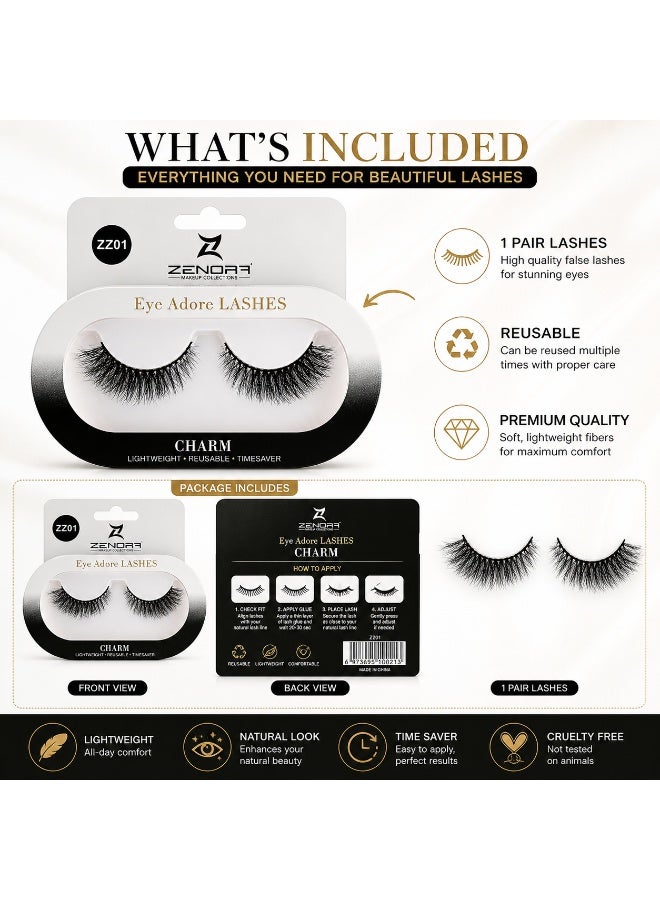 ZENORA Eye Adore Lashes ZZ01 Charm – Premium Reusable False Eyelashes, Natural Volume Lightweight Strip Lashes with Flexible Band, Easy Apply Salon Look for Women (Black) - Image 2