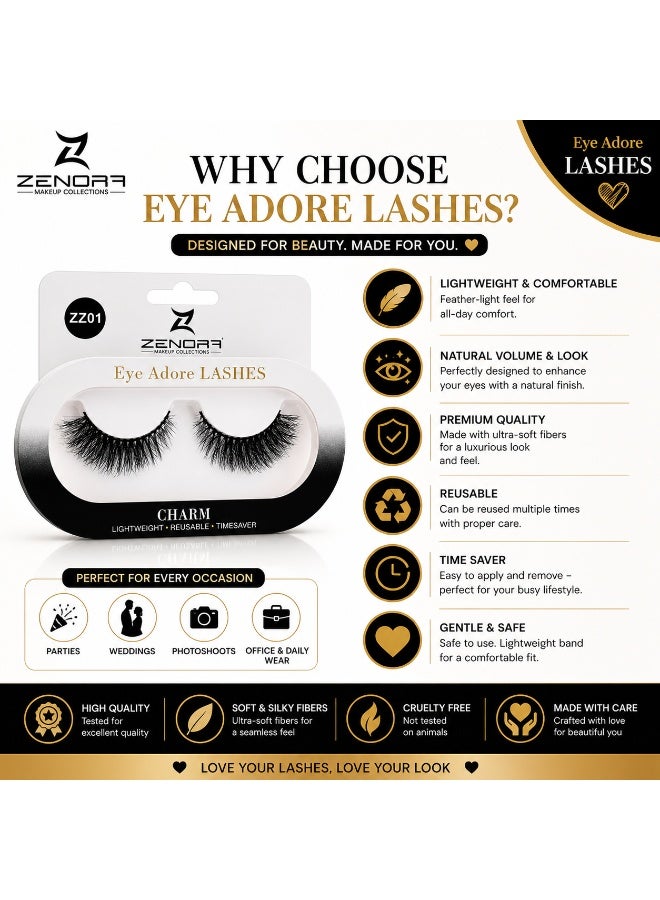 ZENORA Eye Adore Lashes ZZ01 Charm – Premium Reusable False Eyelashes, Natural Volume Lightweight Strip Lashes with Flexible Band, Easy Apply Salon Look for Women (Black) - Image 5