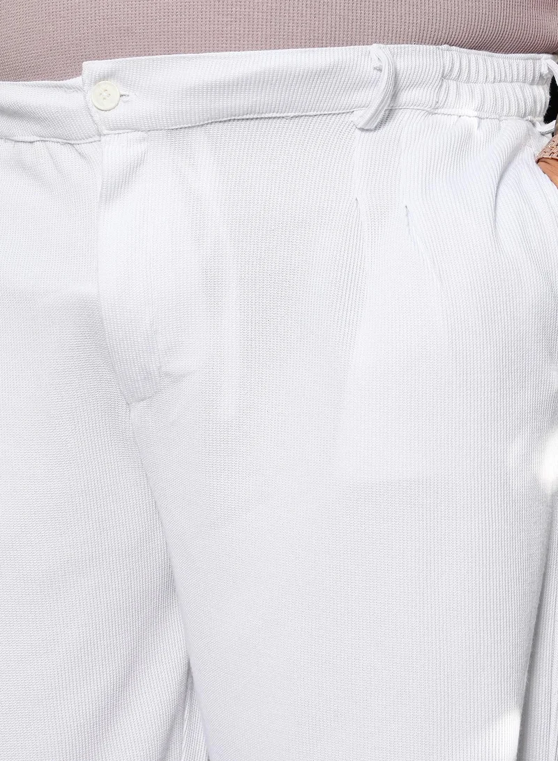 Instafab Plus  Men Pleated-Ribbed Trousers | Mid-Rise, Side-Elasticated Stretch Waist | Button Closure, Straight Hem | Solid Ribbed | Knitted Fabric For Plus Size Office & Casual Wear | Chalk White for Men | Best Price UAE