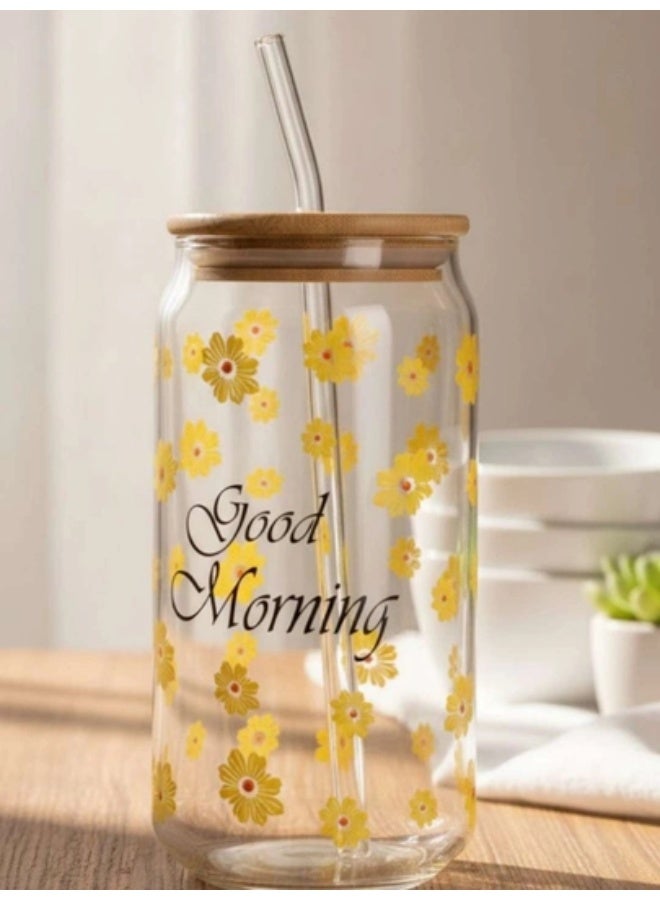 كوب زجاجي بغطاء بامبو وشفاطة زجاجية بتصميم زهور عباد الشمس وعبارة Good Morning - Image 2