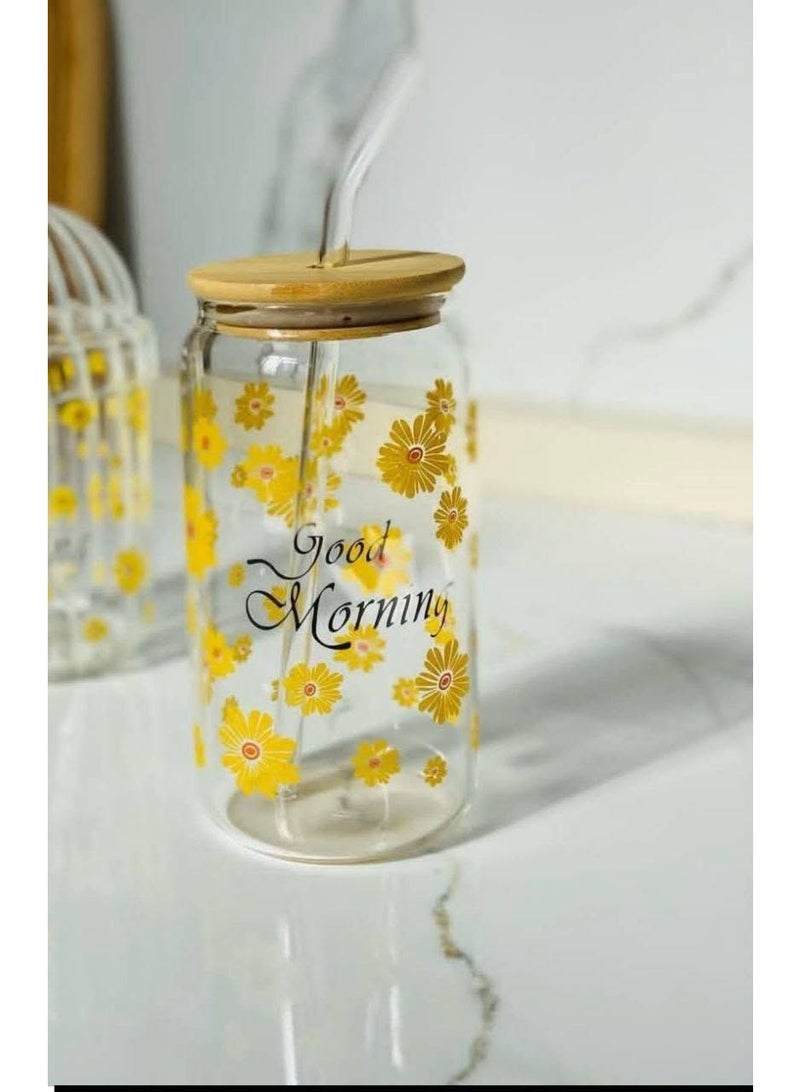 كوب زجاجي بغطاء بامبو وشفاطة زجاجية بتصميم زهور عباد الشمس وعبارة Good Morning - Image 4