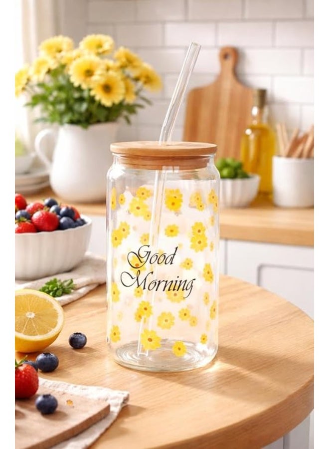 كوب زجاجي بغطاء بامبو وشفاطة زجاجية بتصميم زهور عباد الشمس وعبارة Good Morning - Image 3