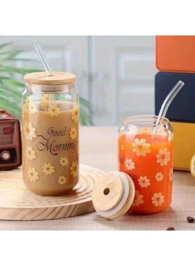 كوب زجاجي بغطاء بامبو وشفاطة زجاجية بتصميم زهور عباد الشمس وعبارة Good Morning - Image 1