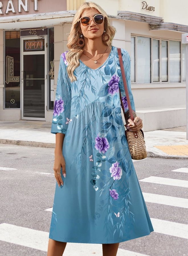 ZEAGOO 3/4 Sleeve Women's Dress Casual Flowy A-Line Midi Tshirt Dresses with Pocket Empire Waist Summer Boho Beach Sundress, Blue Floral, S - Image 5