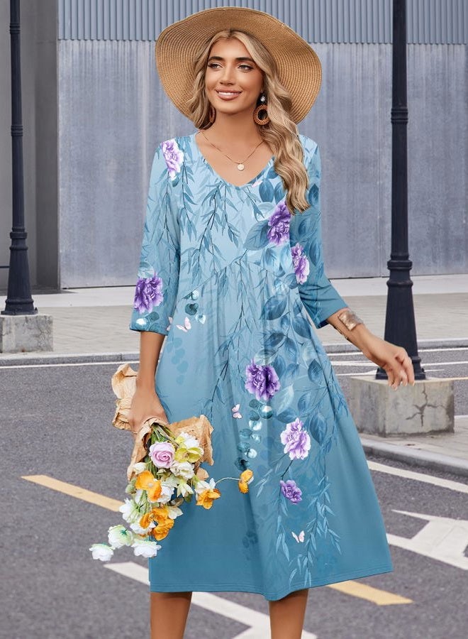 ZEAGOO 3/4 Sleeve Women's Dress Casual Flowy A-Line Midi Tshirt Dresses with Pocket Empire Waist Summer Boho Beach Sundress, Blue Floral, S - Image 3
