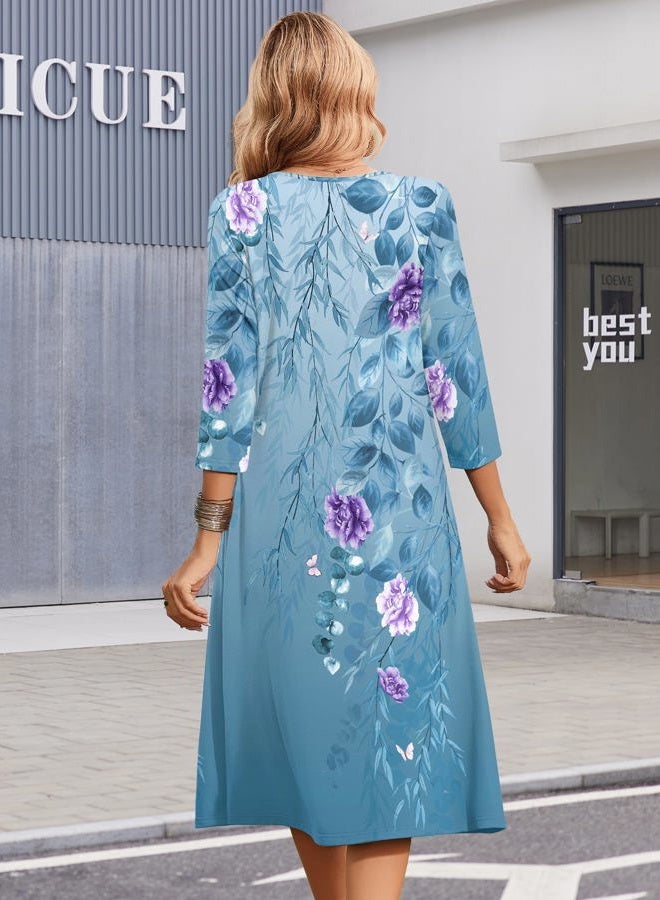 ZEAGOO 3/4 Sleeve Women's Dress Casual Flowy A-Line Midi Tshirt Dresses with Pocket Empire Waist Summer Boho Beach Sundress, Blue Floral, S - Image 4