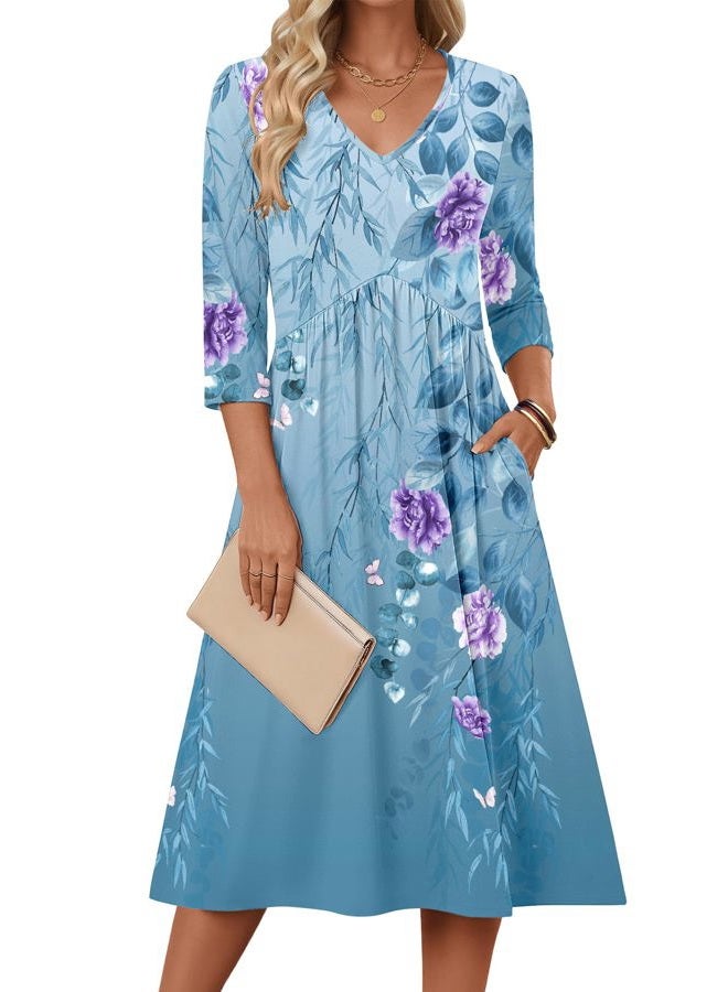 ZEAGOO 3/4 Sleeve Women's Dress Casual Flowy A-Line Midi Tshirt Dresses with Pocket Empire Waist Summer Boho Beach Sundress, Blue Floral, S - Image 2