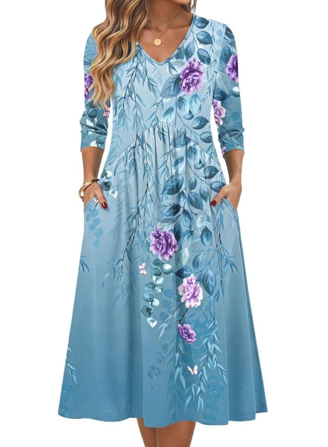ZEAGOO 3/4 Sleeve Women's Dress Casual Flowy A-Line Midi Tshirt Dresses with Pocket Empire Waist Summer Boho Beach Sundress, Blue Floral, S - Image 1