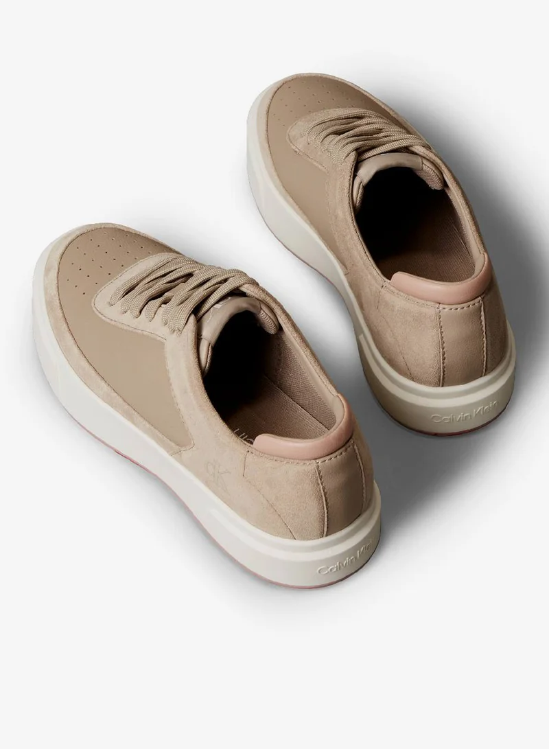 Calvin Klein Jeans Silver Mink/Cashew Leather And Suede Signature Sneakers for Women | Best Price UAE