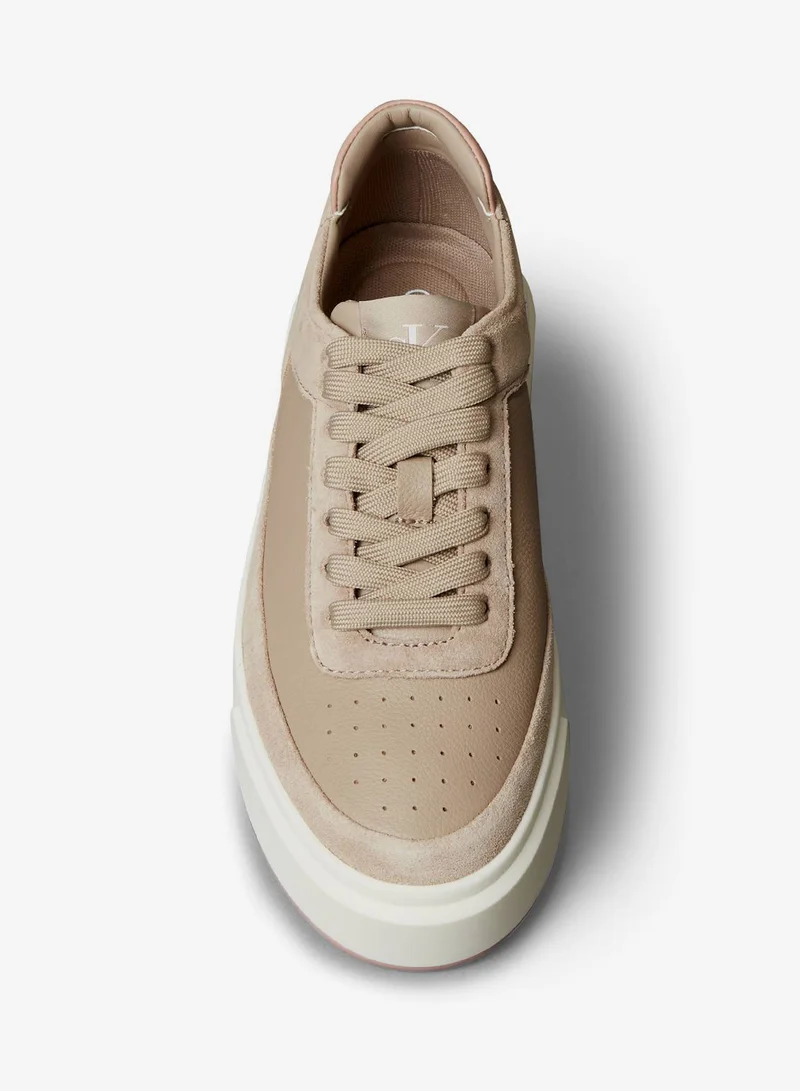 Calvin Klein Jeans Silver Mink/Cashew Leather And Suede Signature Sneakers for Women | Best Price UAE