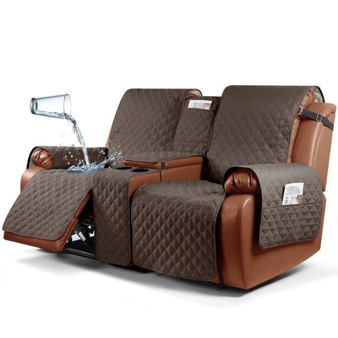 WATERPROOF RECLINER LOVESEAT COVER WITH CONSOLE NONSLIP COUCH COVER PET COVER FOR DOUBLE RECLINER SPLIT SOFA COVER WITH ELASTIC STRAPS FOR KIDS DOGS PETS BROWN 2 SEATER