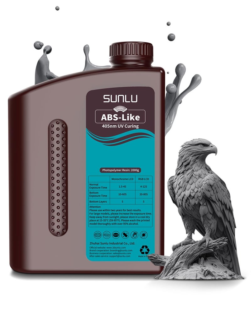 SUNLU 2000G ABS Like Resin for 3D Printer, 405nm UV Curing Photopolymer Rapid 3D Resin for 2K 4K 6K 8K LCD/DLP/SLA 3D Printers, Non-Brittle & High Precision & Low Shrinkage, 2KG, Dark Grey - Image 1