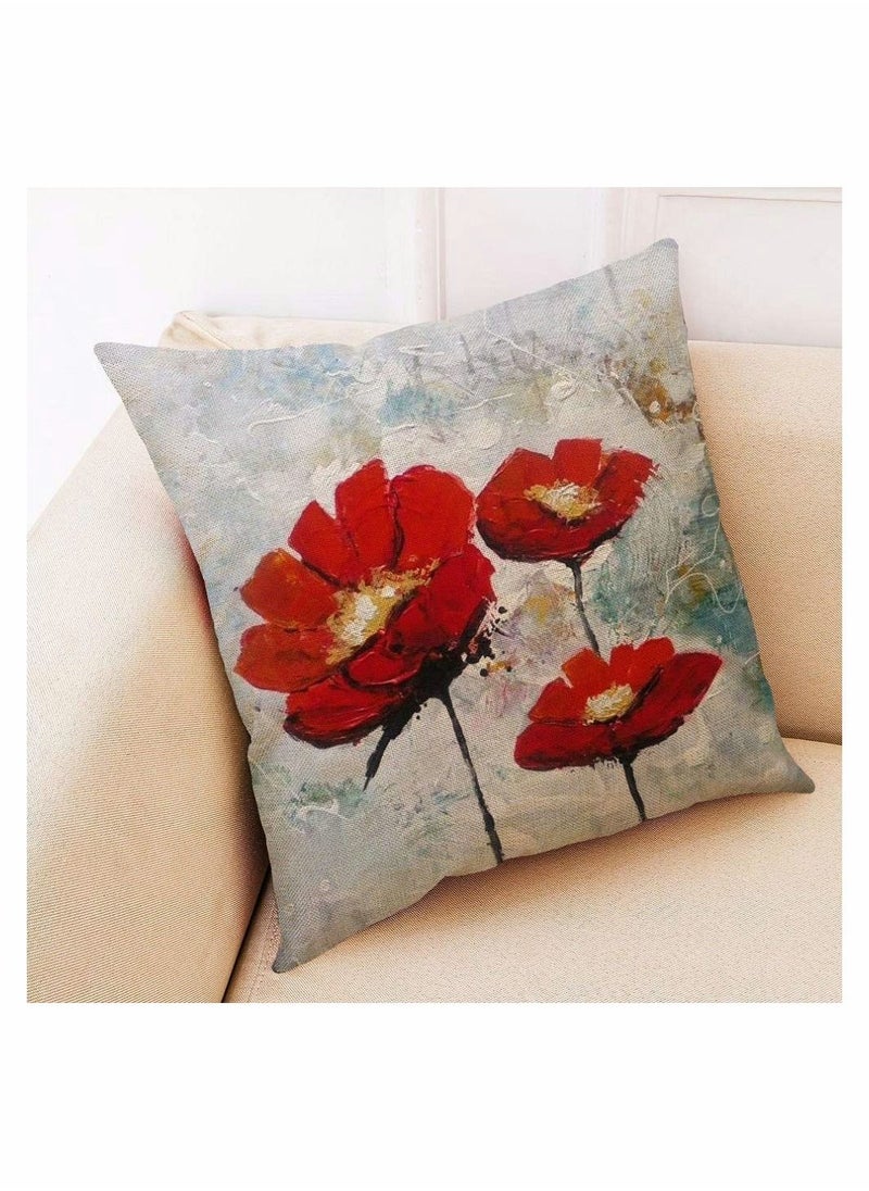 Excefore Throw Pillow Covers, 4 Pack Red Flower Cushion Covers 18x18 inches Boho Linen Square Throw Pillow Cases for Living Room Sofa Couch Bed Decorative Pillowcases  - Image 3