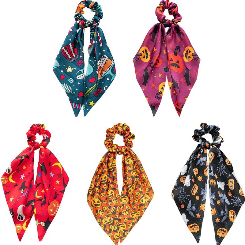 5 Pcs Halloween Scrunchies for Hair Halloween Hair Scarf Holiday Hair Scrunchies Silk Hair Scarfs with Ribbon Bow for Woman Girls Spider Ghost Pumpkin Elastic Hair Ties Ponytail Holder