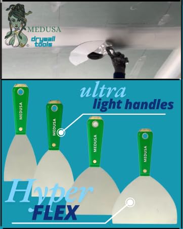Medusa's Flexible Stainless Steel Drywall Taping Knife Set with 12" Mud Pan and Grip: Classic Style Light Weight Handles with Strong Flexible Blades for Professional and beginner friendly Finishers - Image 4