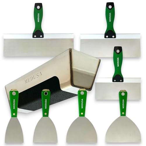 Medusa's Flexible Stainless Steel Drywall Taping Knife Set with 12" Mud Pan and Grip: Classic Style Light Weight Handles with Strong Flexible Blades for Professional and beginner friendly Finishers - Image 1