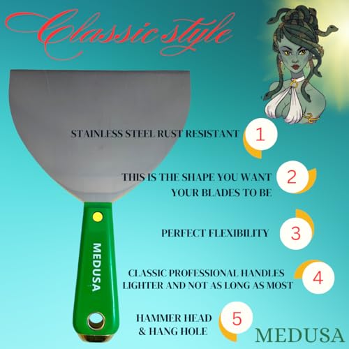 Medusa's Flexible Stainless Steel Drywall Taping Knife Set with 12" Mud Pan and Grip: Classic Style Light Weight Handles with Strong Flexible Blades for Professional and beginner friendly Finishers - Image 3