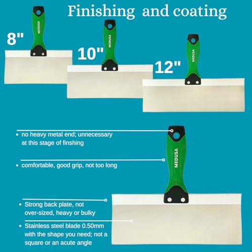 Medusa's Flexible Stainless Steel Drywall Taping Knife Set with 12" Mud Pan and Grip: Classic Style Light Weight Handles with Strong Flexible Blades for Professional and beginner friendly Finishers - Image 5