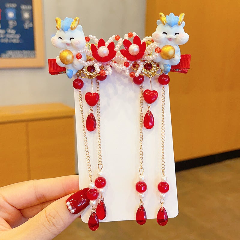 Generic Kids Chinese New Year Dragon Tassel Hair Clips Pearl flower dragon treasure