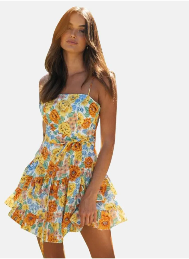 يونيكي White Floral Printed Shoulder Straps Fit & Flare Dress