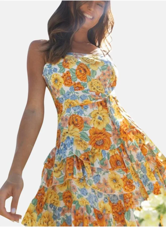 يونيكي White Floral Printed Shoulder Straps Fit & Flare Dress