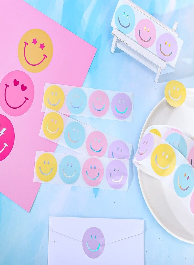 Whaline 1000Pcs Preppy Stickers Sliver Foil Pastel Smile Face Decals Back to School Round Funny Face Label Stickers Reward Adhesive Sticker for Classroom School Teachers Preppy Party Favor Supplies - Image 3