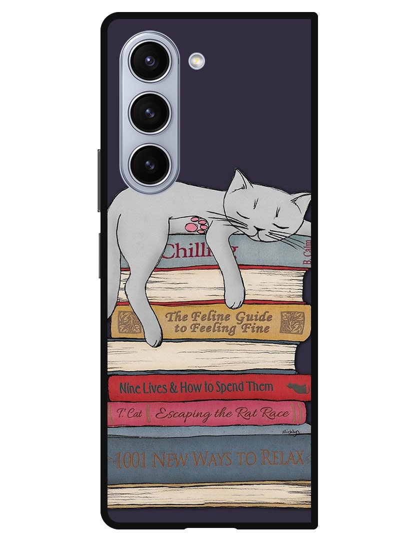 Theodor Protective Case Anti Scratch Shock Proof Bumper Cover For Samsung Galaxy Z Fold 5 Cat With Books - Image 1