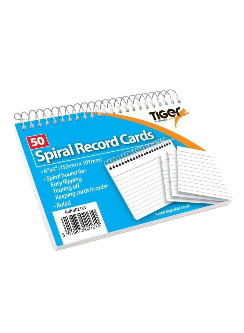 TIGER RECORD CARD WHITE RULED SPIRAL 6X4" 50 SHEETS - Image 1