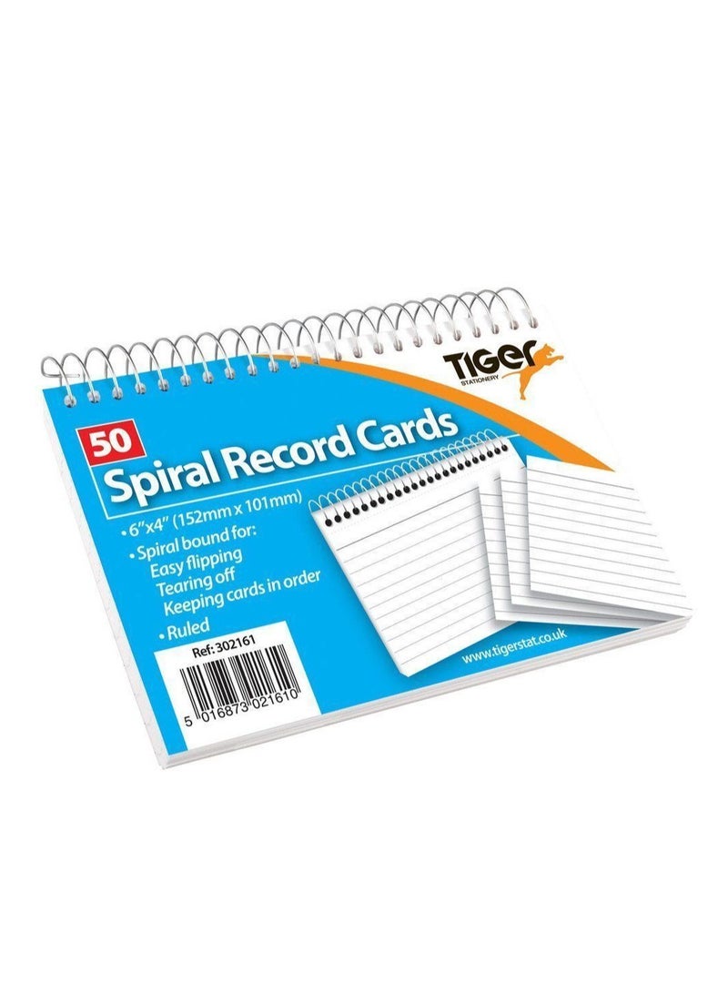 TIGER RECORD CARD WHITE RULED SPIRAL 6X4" 50 SHEETS - Image 2