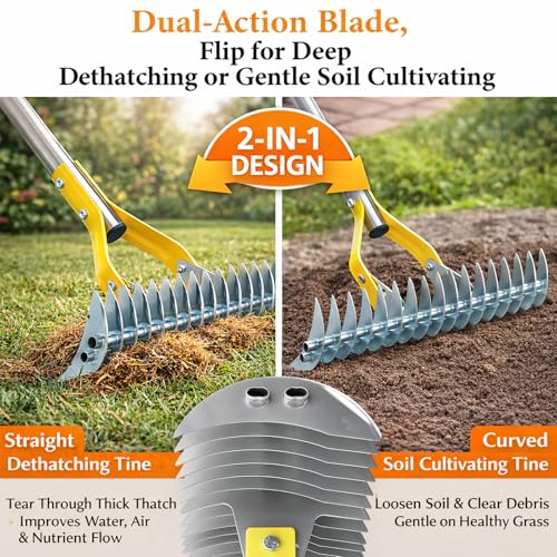 Wefaith Heavy Duty Thatch Rake for Lawns, 15" Dual-Sided Dethatching Rake with Sharp Steel Tines, Manual Dethatcher and Scarifier Tool for Dead Grass, Moss & Thatch Removal, 70" Adjustable Long Handle - Image 4