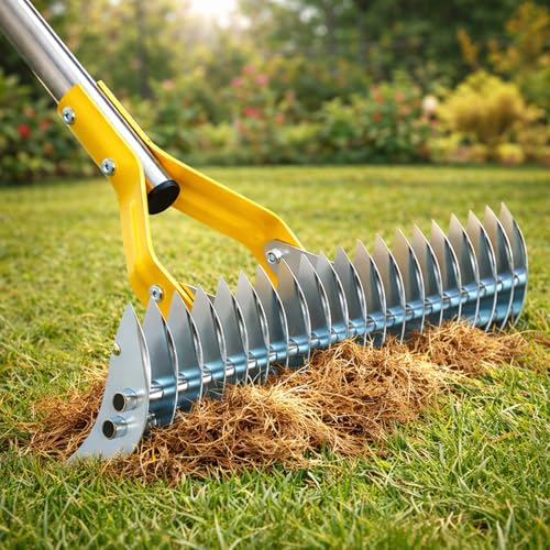 Wefaith Heavy Duty Thatch Rake for Lawns, 15" Dual-Sided Dethatching Rake with Sharp Steel Tines, Manual Dethatcher and Scarifier Tool for Dead Grass, Moss & Thatch Removal, 70" Adjustable Long Handle - Image 1